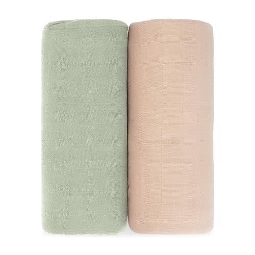 Comfy Cubs Muslin Swaddle Blankets Pack of 2 - 47 x 47 Inch Soft Cotton Baby Blanket Set, Large Multipurpose Wraps for Newborns - Self-Soothing Swaddles for Newborns - Sage & Blush