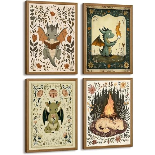 Vintage Nursery Dragon Wall Art Baby Boy Room Canvas Wall Decor Whimsical Dinosaur Flower Poster Nursery Cute Dragon Pictures Fantasy Prints Painting for Girls Bedroom Kids Room 8x10 Inch Framed 4Pcs