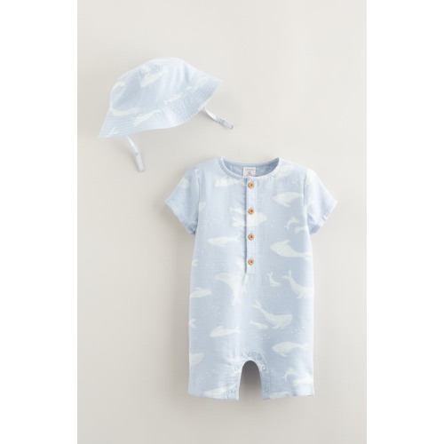 Print Cotton Henley Romper & Hat Set, 3M