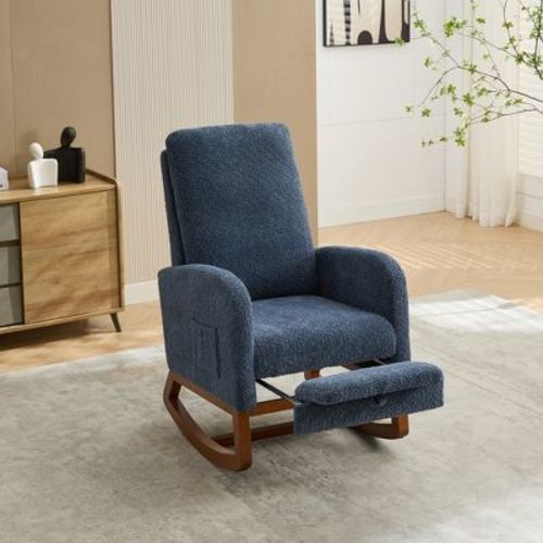 25.4"W Rocking Boucle Upholstered High Back Glider Chair with Retractable Footrest, Side Pocket and Wood Legs, Navy, 4Q- ModernLuxe