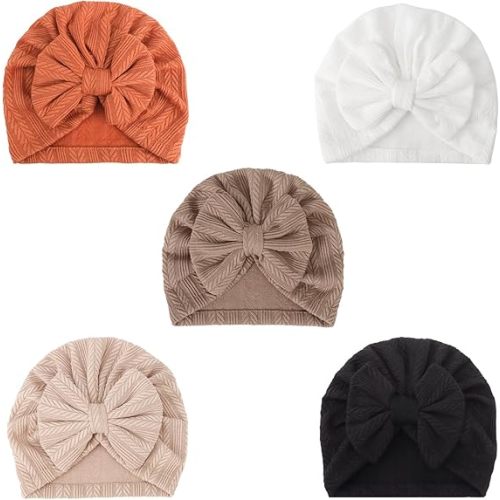 DRESHOW BQUBO 5 Pieces Newborn Baby Turban Hats Bow Baby Infant Beanie Breathable Toddler Cap for Baby Girls