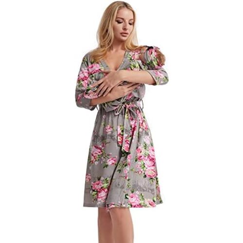 Galabloomer Maternity Robe and Baby Receiving Blanket,Matching Mommy Labor Delivery Robe and Swaddle Set