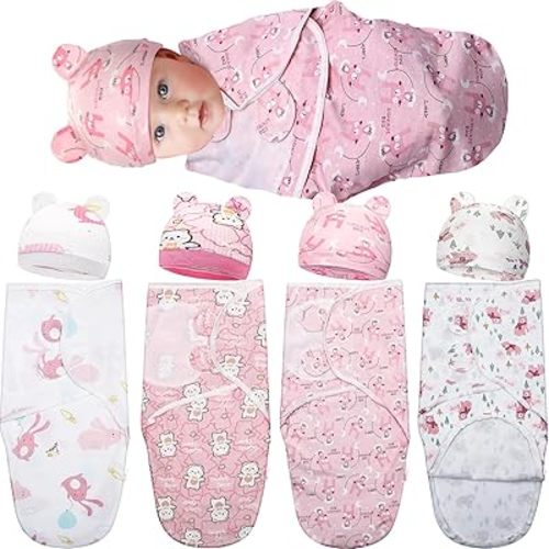 4 Pack Baby Swaddles with Zipper and Hat Preemie Swaddles for 0-3 Months Newborn Soft Cotton Organic Baby Swaddles(Bear, Rabbit Style,Stylish Color)