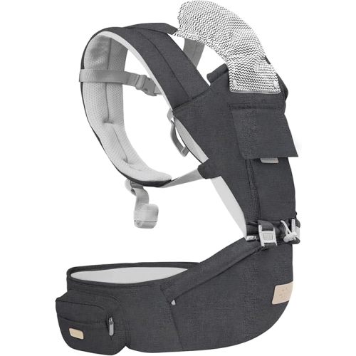 FRUITEAM - Safety-Certified Baby Carrier with Hip Seat - All Position Baby Chest Carrier - Front and Back Carry Baby Carrier Nerborn to Toddler with Head Hood, Misty Grey