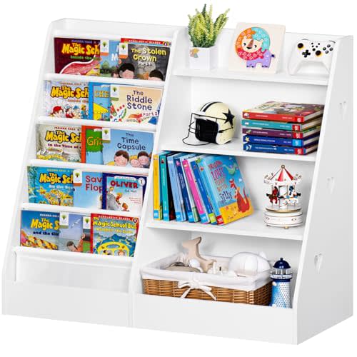 Lerliuo 4 Tier Kids Bookshelf and Storage Organizer, Five Layer Sling Children Bookcase, Baby Toddler Wooden Book Shelf, Display Cabinet for Playroom, Bedroom, Classroom, Nursery, School (White)