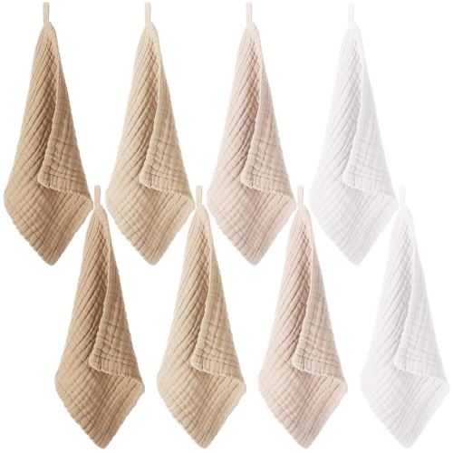 8 Pcs Baby Washcloths for Newborn 12 x 12 Inch Muslin Face Towels Cotton Absorbent for Delicate Skin Soft Muslin Cloth Reusable Baby Registry as Shower Gift, 4 Colors (Light Color)