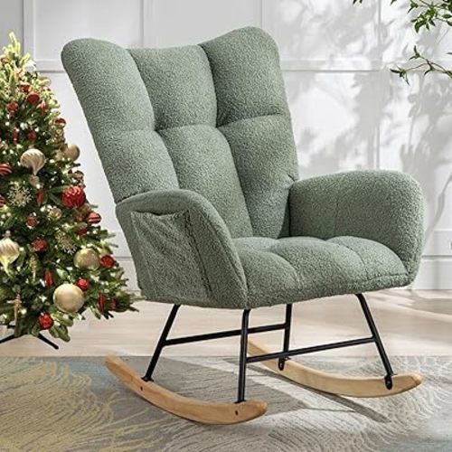 Phore Nursery Rocking Chair Teddy Upholstered Glider Rocker with High Backrest Armchair Comfy Side Modern Rocking Accent Chairs for Living Room, Nursery, Bedroom, Offices(Light Green)