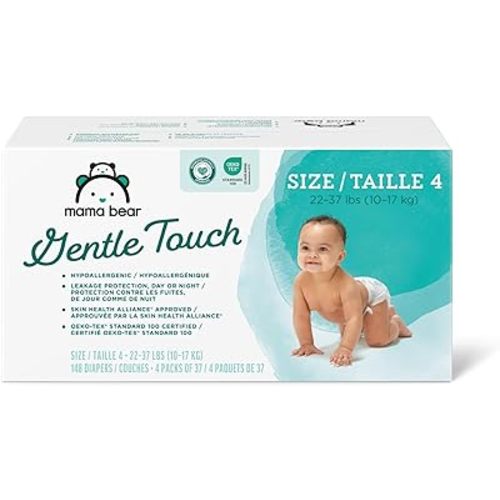 Amazon Brand - Mama Bear Gentle Touch Diapers, Hypoallergenic, Size 4, 148 Count, 4 Packs of 37, White