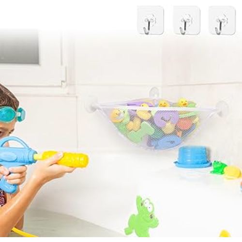 Bath Toy Storage, Hanging Bath Toy Organizer, Corner Bath tub Toy Holder for Bathtub, Mesh Shower Toy Caddy with Suction Cups Hooks for Baby Kids Toy Bathroom - White