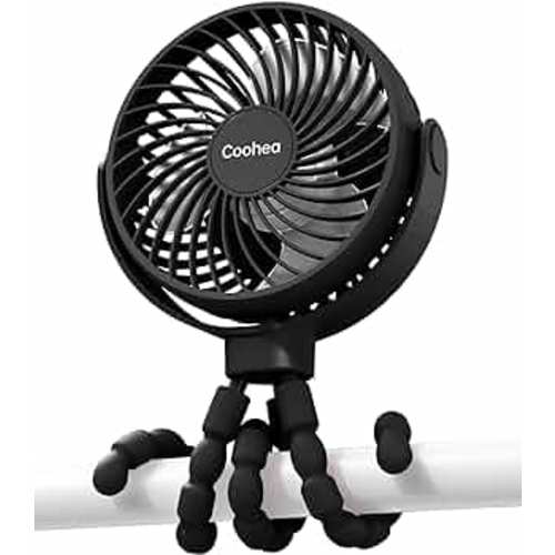 Stroller Fan Battery Operated Portable Fan USB Rechargeable Small Fan with Flexible Tripod Cooling Fan Clip on for Baby Stroller Car Seat Bike Golf Cart Beach Trip Outdoor, 3 Speeds Wind, Black