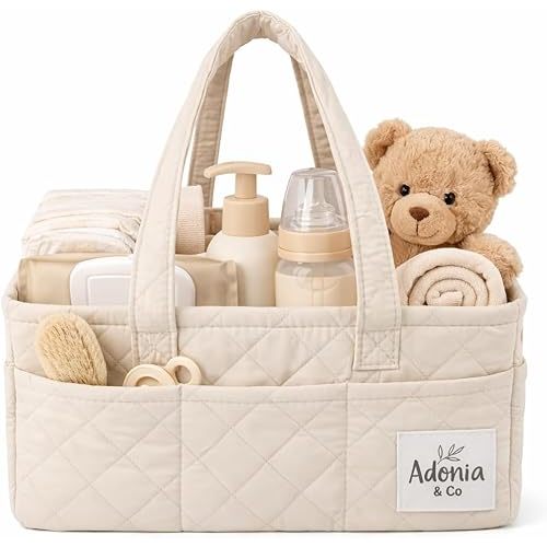 Adonia & Co Diaper Caddy Organizer – Nursery Storage Basket for Newborn Essentials Must Haves & Baby Must Haves – Portable, Machine Washable Baby Diaper Bag Organizer (Beige)