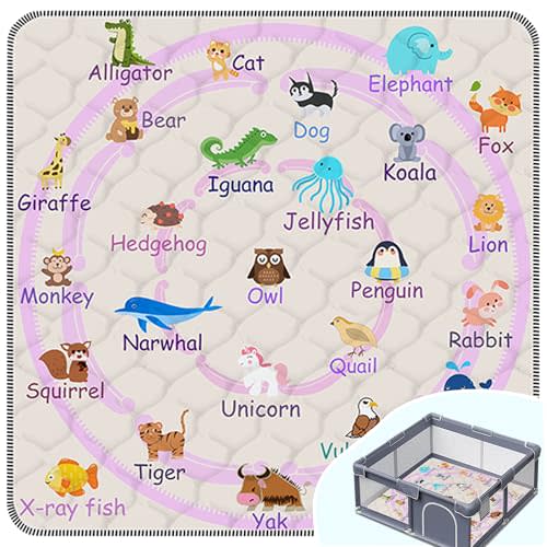 Baby Play Mat，Thick Soft 50" X 50" Playpen mat, Foldable and Machine Washable Baby Play Mats for Floor，Play Mat for Babies, Toddlers & Infants to Play and Learn (Pink Animal, 50" X 50")
