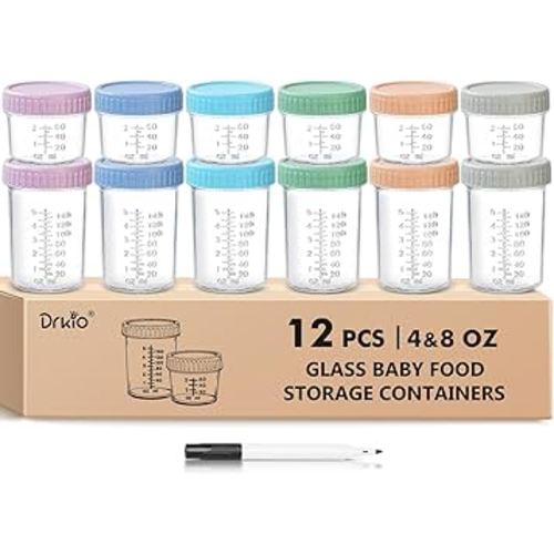 DRKIO 12 Pack Glass Baby Food Storage Containers - 4 & 8 oz Baby Food Jars with Lids Baby Food Maker Microwave Dishwasher Freezer Safe 100% Leak Proof BPA Free Reusable