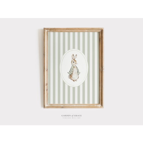 Cute Rabbit Nursery Wall Art | Potter Striped Kid&#39;s Room Decor, Gender Neutral Antique Print | Sage Green Baby Poster | Vintage Bunny Poster