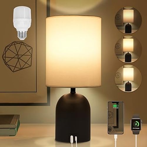 Bedside Table Lamp for Bedroom, 3 Way Dimmable Touch Nightstand Lamp with USB C and A Ports Small Table Desk Lamp for Bedroom, Living Room, Reading Room, Kids Room, Office, Dorm Black/White