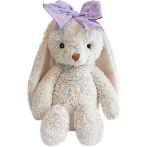 Bunny Stuffed Animal Soft Rabbit Cuddly Toy 10'' Long - Eared Plush Bunny with Purple Bow Plush Toys for Babies and Toddlers