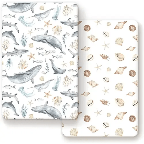 GRSSDER Jersey Knit Pack n Play Sheets Set 2 Pack Mini Crib Sheets Beautiful Marine Organism