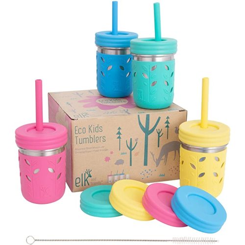 Elk and Friends Stainless Steel Cups | 10 oz Mason Jar design | Kids & Toddler Cups with Silicone Sleeves & Straws with Stopper | Smoothie Cups
