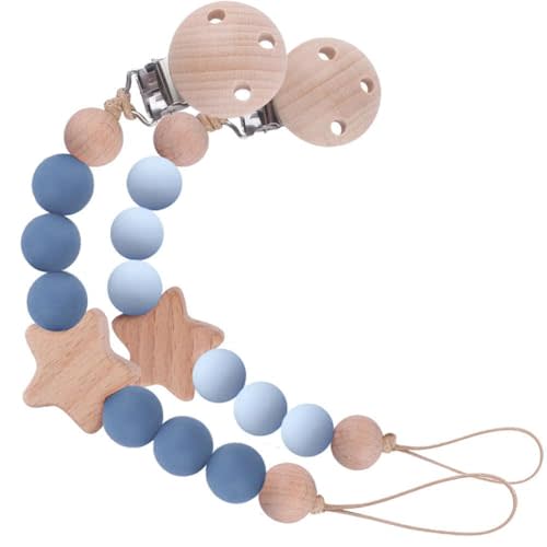 2Pcs Wood Star Silicone Pacifier Clip for Baby Boy Blue Silicone Pacifier Holder Binky Clips