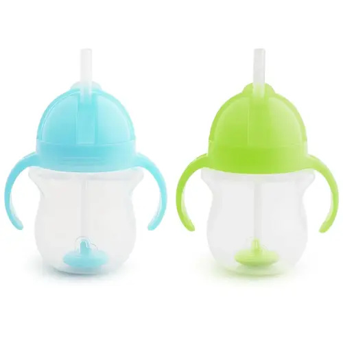 Munchkin Any Angle Sippy Cups for Toddlers, Spill Proof Weighted Straw Cup with Transition Handles for Babies 6 Months and Up, 2 Pack, Blue/Green