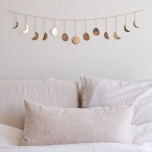BASE ROOTS Moon Phase Wall Decor, Gold Wall Decor for Bedroom & Living Room, Boho Decor for Home, Handmade Hammered Metal 36" 13 Phases Moon Wall Decor, Bohemian & Celestial Wall Art for Women & Kids