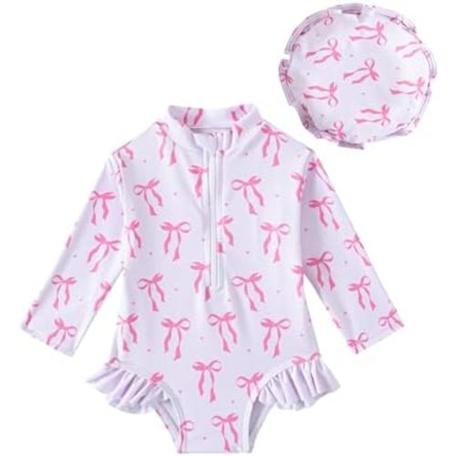 Baby Girls Long Sleeve One Piece Rash Guard Swimsuit with Hat Bathing Suit Beach Wear 0-2T