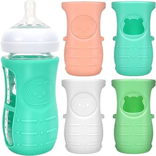 4 Pack Silicone Baby Bottle Sleeves Compatible with Philips Avent Glass Natural Baby Bottle 8 oz, Anti Breakage Baby Bottle Holder,BPA Free Silicone Bottle Cover with Bear Design(Only Bottle Sleeves)