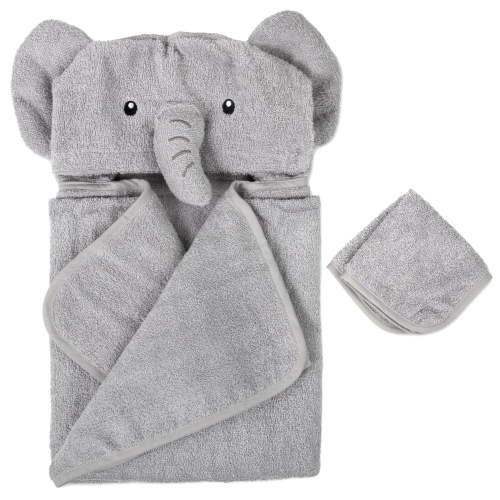 Baby Essentials 2 Piece Hooded Cotton Bath Towel and Washcloth Set for Infants, Newborns and Toddlers 3 – 24 Months for Bath Time, Showers, Lounge, Beach and Pool in Cute Elephant Cub