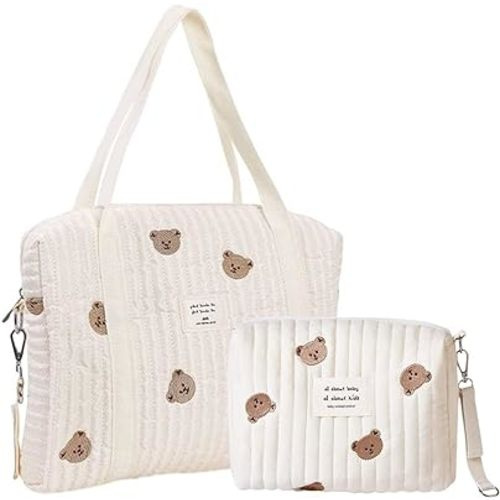 Large Diaper Bag Tote Quilted Cotton Cute Bear Organizer Pouch Multifunction Maternity Bag Stroller Storage Bag