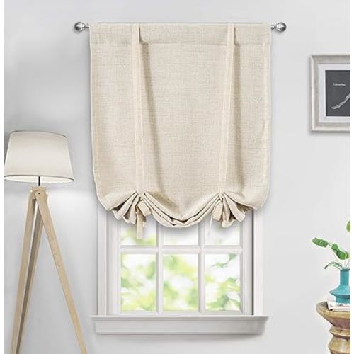 DriftAway Double Layer Linen Blackout Tie Up Curtains Thermal Insulated Fully Lined Balloon Roman Shade Bathroom Window Adjustable Rod Pocket for Small Window 31 Inch by 47 Inch Beige