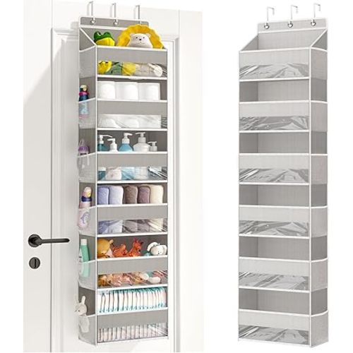 Fixwal 1 Pack Over Door Organizer with 6 Large Pockets 12 Mesh Side Pockets, Hanging Storage Organizer with Clear Window Kids Toys, Shoes, Diapers, Light Grey, 6 Layers