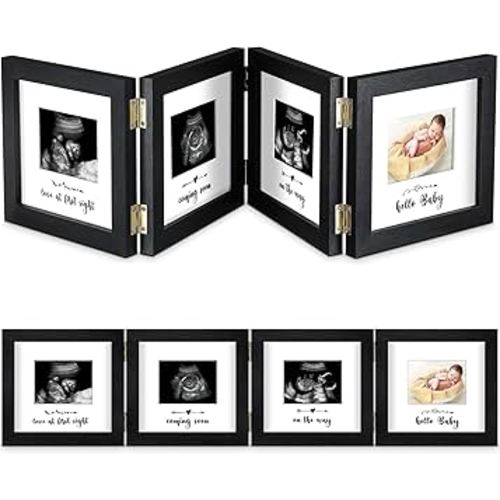 Sonogram Picture Frame Quadruple Ultrasound Picture Frame 4 Folding Pregnancy Keepsake Photo Frame for Pregnancy Announcements First Time to Be Dad Mom Gifts Gender Nursery Decor (Black)