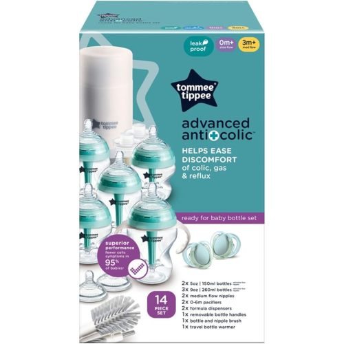Tommee Tippee Advanced Anti-Colic Ready for Baby BPA Free 14 Piece Set, 5oz & 9oz Bottles, Slow & Medium Flow Nipples, 0-6 Month Pacifiers, Includes Travel Bottle Warmer & Removable Bottle Handles