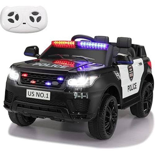 TOBBI Police Car Ride on Electric Car for Kids - Second Day Delivery - Battery Powered Ride-on Toys Cop Cars with Remote Control, Siren, Flashing Lights, Music, Spring Suspension, Carbon Black