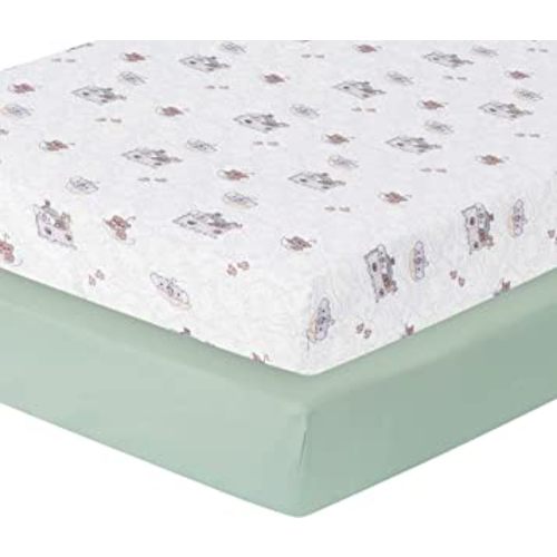 Precious Moments Noah’s Ark Fitted Crib Sheet 2 Pack for Baby Boy by Everyday Kids; 1 Animals on the Ark Printed Crib Sheet and 1 Solid Bright Green; Adorable Wildlife Elephants, Giraffes, Bears Print