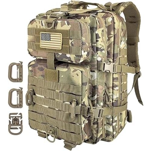 MOLLE Assault Backpack, Tactical Backpack Military Army Camping Rucksack, 3-Day Pack Trip w/USA Flag Patch, D-Rings, Cp