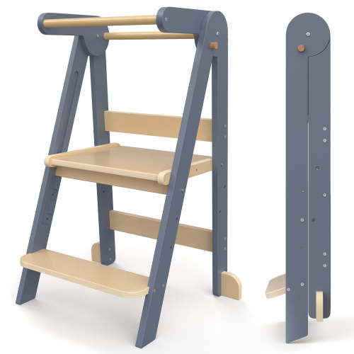 JOZ Kitchen Toddlers Step Stool, Montessori Kids Learning Stool, Foldable Toddler Tower for Counter, Standing Helper for Children, 3 Adjustable Heights, Wooden, Gray
