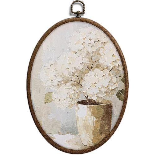 Vintage White Hydrangea Oval Wall Art, Spring Floral Flowers Oval Framed Wall Art, Waterproof Cottage Core Home Decor for Western Farmhouse Bedroom Living Room, Home Retro Decor Products, 10