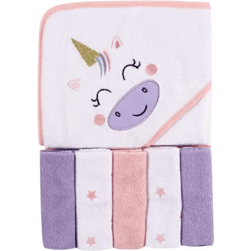 Luvable Friends Unisex Baby Hooded Towel with Five Washcloths, Unicorn, One Size