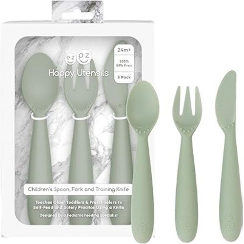 ezpz Happy Utensils - 24 Months+ (Sage) - BPA Free Toddler Utensils - Fork, Spoon and Knife for Toddlers and Preschoolers - Kids Utensils for Self-Feeding Development