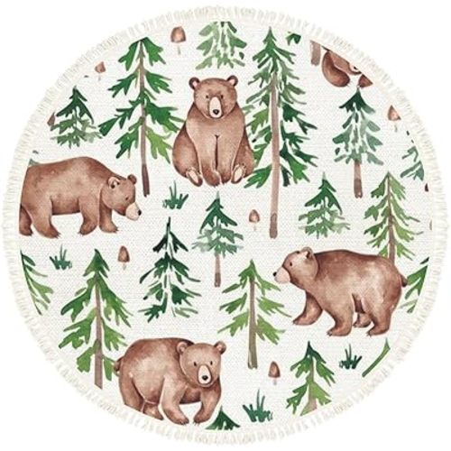 Woodland Animal Round Area Rug, Forest Seamless Pattern, Hand Drawn Watercolor Boho Style, Cotton Linen Blend, 6ft