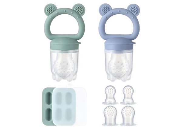 Amazon.com: 2 Pack Silicone Baby Fruit Feeder with Mini Freezer Tray, Breastmilk Popsicle Molds for Baby Teething Relief, Fresh Food Feeder for Safe Infant Self Feeding, Extra Food Pouches