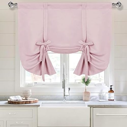 DWCN Blackout Curtains-Tie Up Shade for Window Thermal Insulated Room Darkening Rod Pocket Curtains for Kitchen, Blush Pink, W34 X L45 Inches, 1 Panel