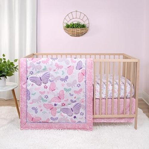 The Peanutshell 3 Piece Baby Crib Bedding Set for Girls - Newborn, Infant & Toddler Nursery Bed Set Decor with Fitted Crib Sheet, Dust Ruffle Comforter - Butterfly Song