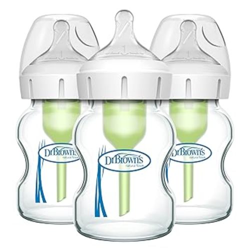 Dr. Brown's Natural Flow Anti-Colic Options+ Wide-Neck Glass Baby Bottles 5 oz/150 mL, with Level 1 Slow Flow Nipple, 3 Pack, 0m+