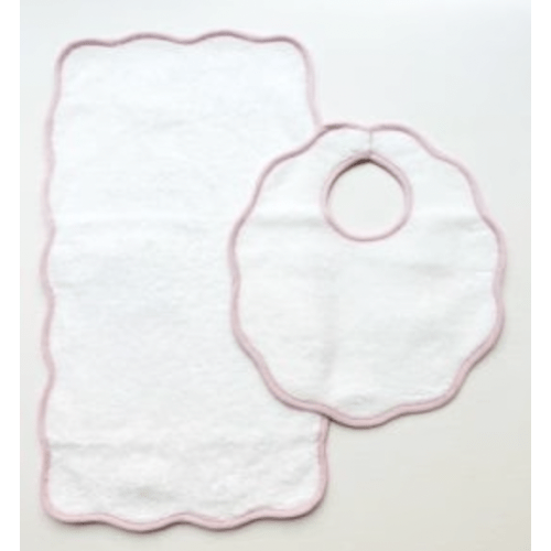 Terry Tots - Bib and Burp Set - Pink Striped Scalloped Edge