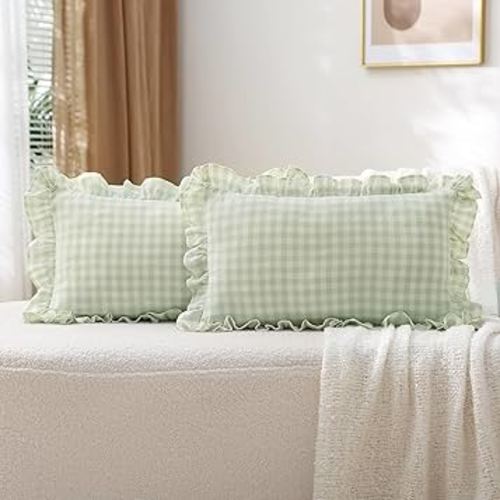 2 Pack Pile Green White Plaid Ruffle Gingham Lumbar Throw Pillow Covers, 100% Washed Cotton Checkered Farmhouse Decorative Pillow Shams for Bed/Sofa - 20''x12''