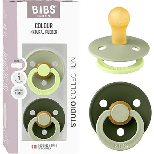 BIBS Colour Studio Pacifier 2-Pack, BPA Free, Round Nipple. Natural Rubber Latex, Made in Denmark, Size 1 (0-6 Months) - Sage/Huntergreen