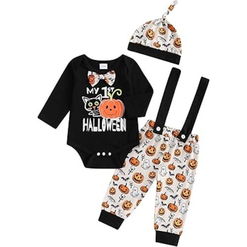 Newborn Baby Boy Halloween Thanksgiving Christmas Outfit Long Sleeve Romper Suspender Pants Fall Winter Clothes