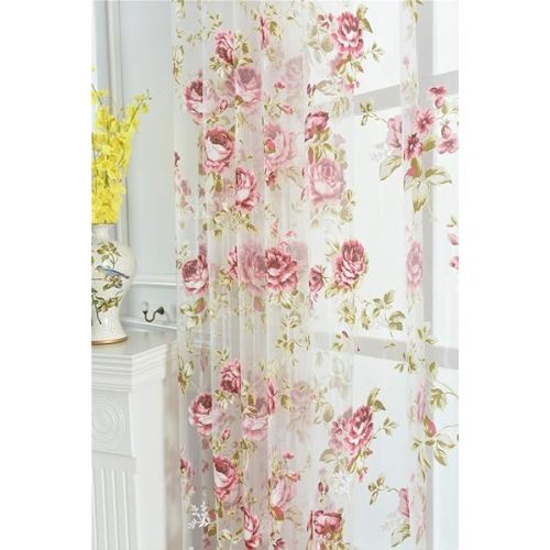 Rod Pocket Top Rose Floral Sheer Voile Curtain, Pink Flower Tulle Transparent Window Treatment for Living Room Bedroom Glass Door, 54 by 63 Inch Each, 1 Set of 2 Panels